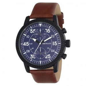 Henley Men's Bold Textured sports Blue Dial With Brown Leather Strap Watch H02212.6