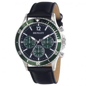 Henley Men's Polished Round Sports Case Green Dial With Black Leather Strap Watch H02210.11